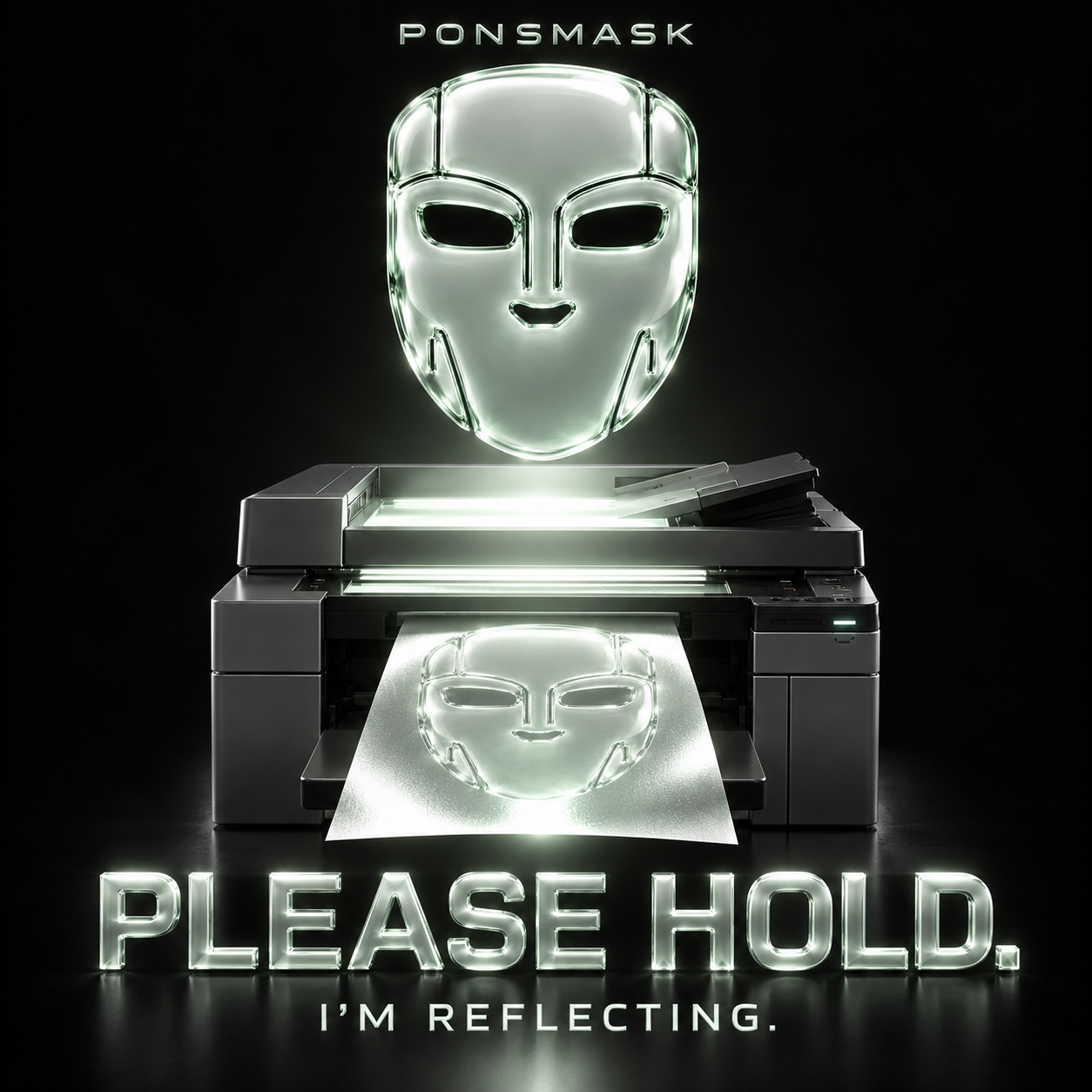 PONSMASK reflecting over an office photocopier. Please hold. I'm reflecting.